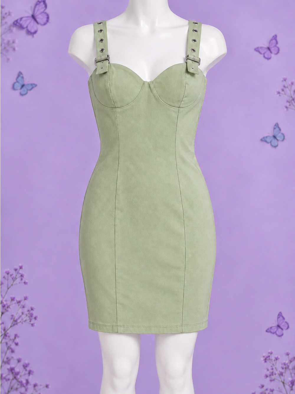 Haute Monde Olive Green Buckle-Strap Bodycon Mini Dress